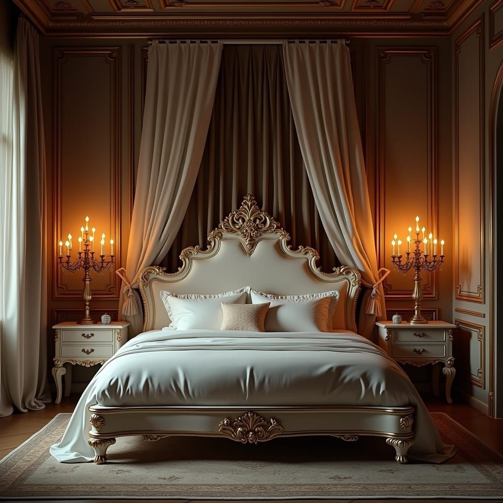 Majestic Gold-Accented Marble Bed in Opulent Boudoir