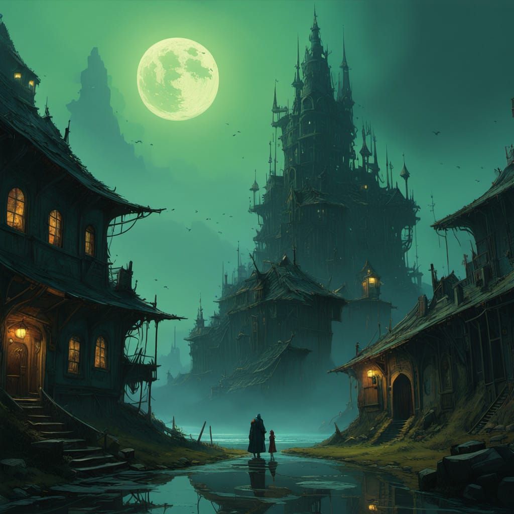 Regal Couple with Ominous Markings in Vibrant Fantasy Realm