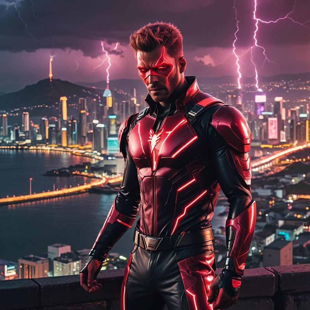 portrait of a strawberry superhero man with lightning bolt s...