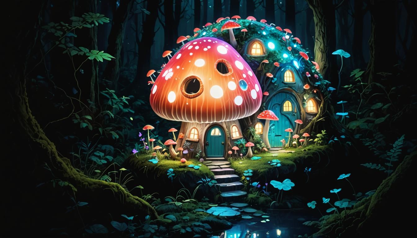 Magical Mushroom Abode in Glowing Forest