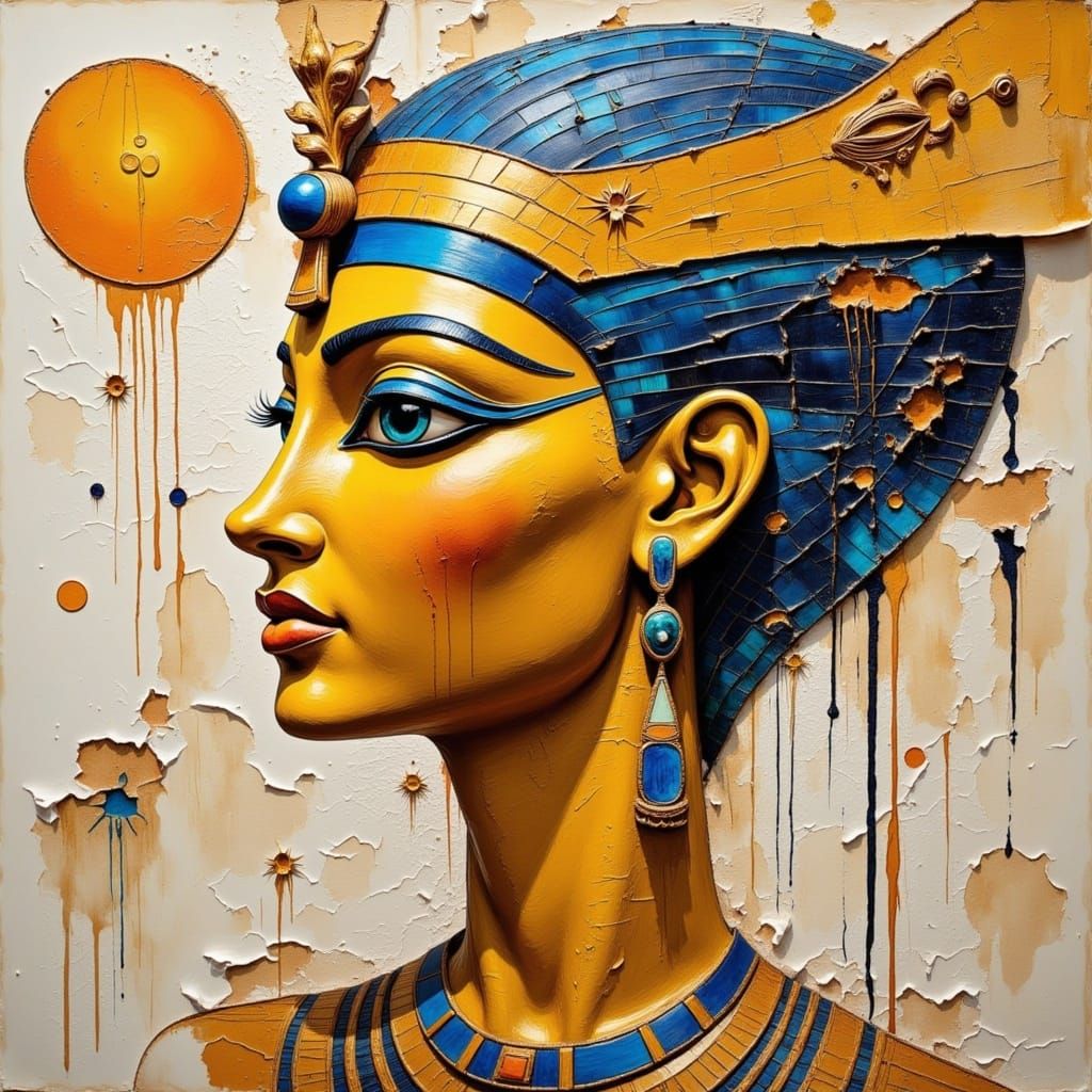 Dynamic quirky angle of Beautiful Egyptian God Re the sun god, paintings and collage, hybrid image, oil paint and texture painting and colla...