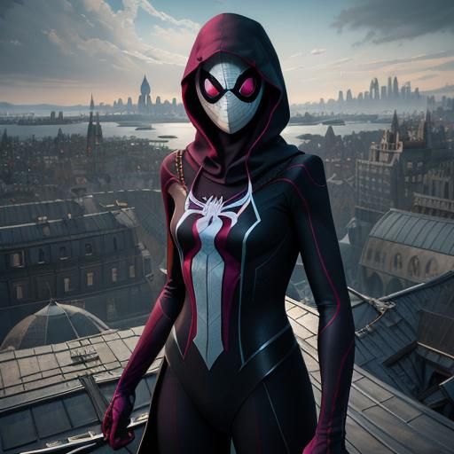 Spider Gwen, with hood and mask, standing on the roof of a b...