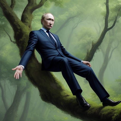 Absurd Illustration of Putin Stuck in a Tree