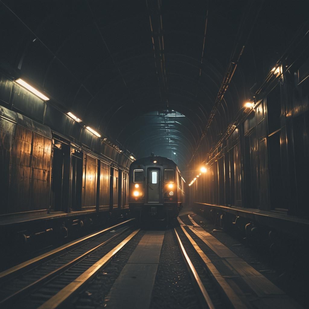 Train Speeds Through Dark Tunnel with Neon Lights