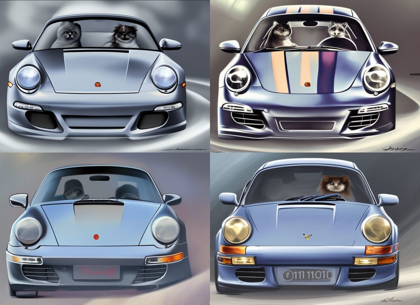 Porsche 911 carrera inside persian cat and dog on the road o...