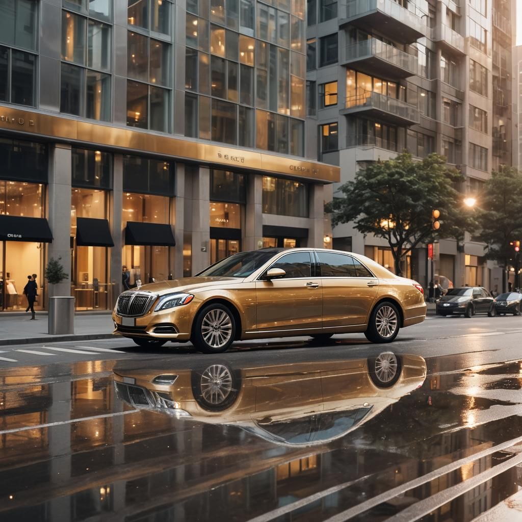 Golden Executive Car in City Street at Sunset