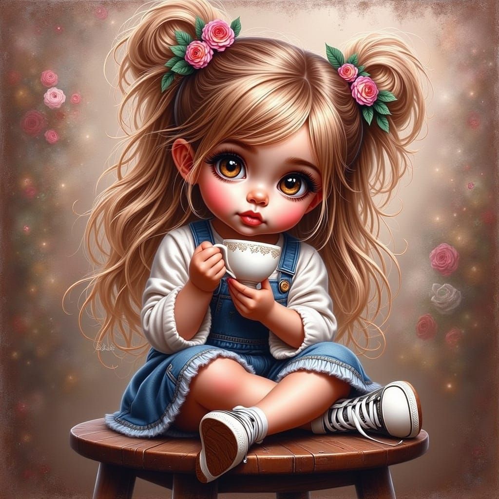 <lora:Expressive eyes:1.0> adorable chibi-like girl sitting on a stool drinking a cup of tea, an ultra hd detailed painting, digital art, JW...
