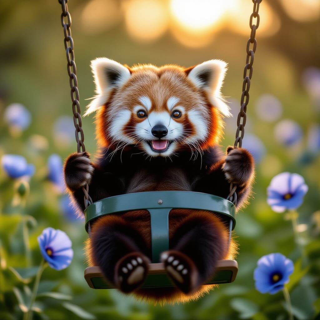 Swinging red panda. Himalayan blue Poppy flowers.