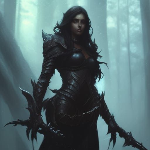 Beautiful woman, dark hair, dark armor, glowing eyes, clear light 
