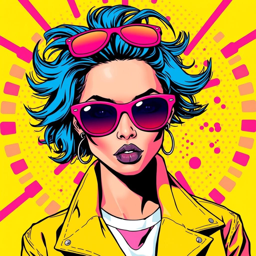 Create a bold and colorful pop art-style illustration. Use bright, saturated colors, thick black outlines, ...  by @Hokyjaya999