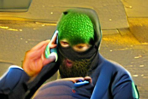 Green balaclava thug man on phone
