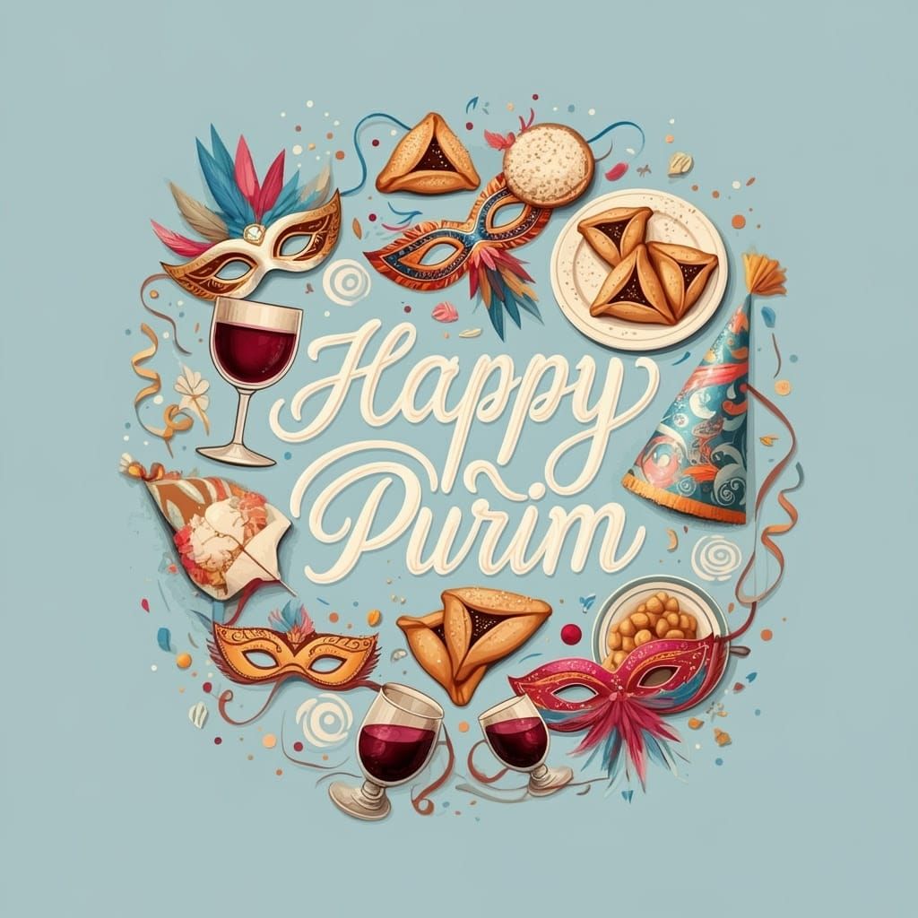 Joyful Purim Celebration in Whimsical, Dreamlike Style