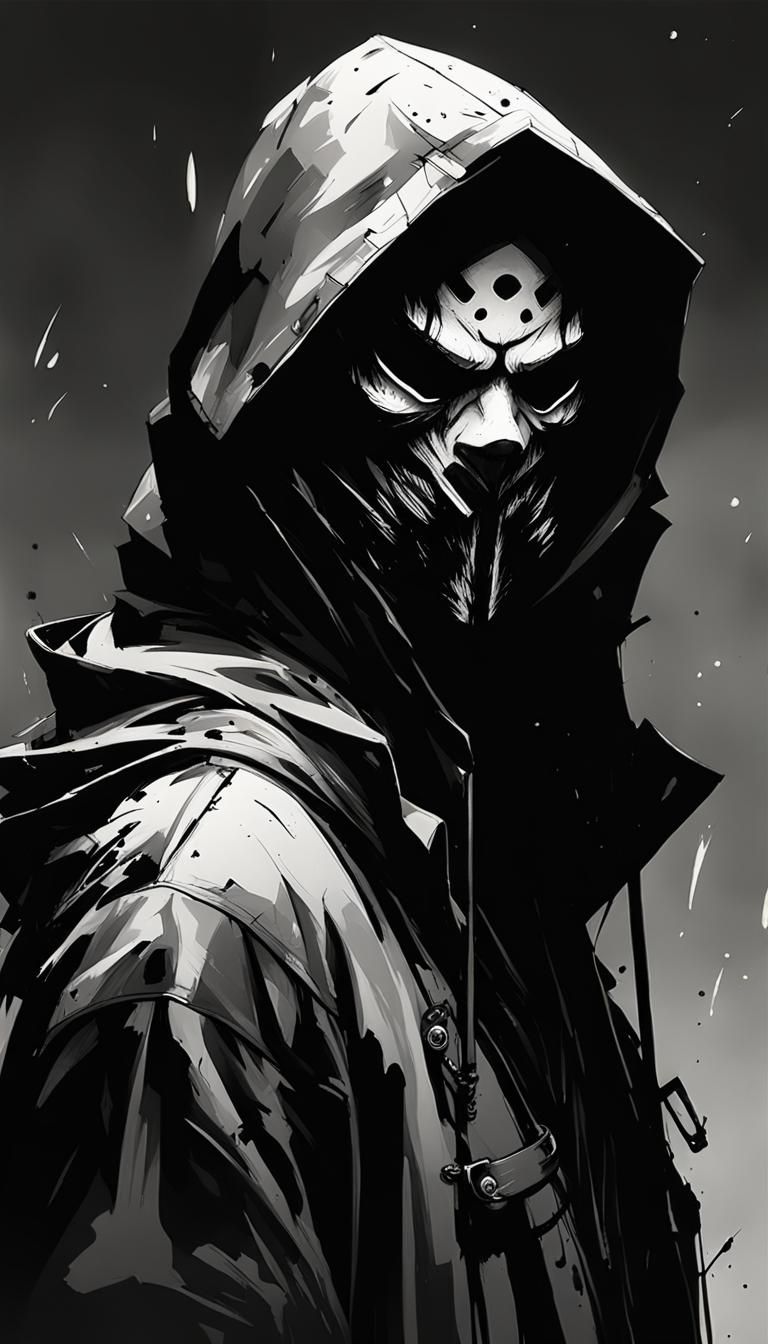 Masked Hooded Figure: Inkpunk Black and White Drawing