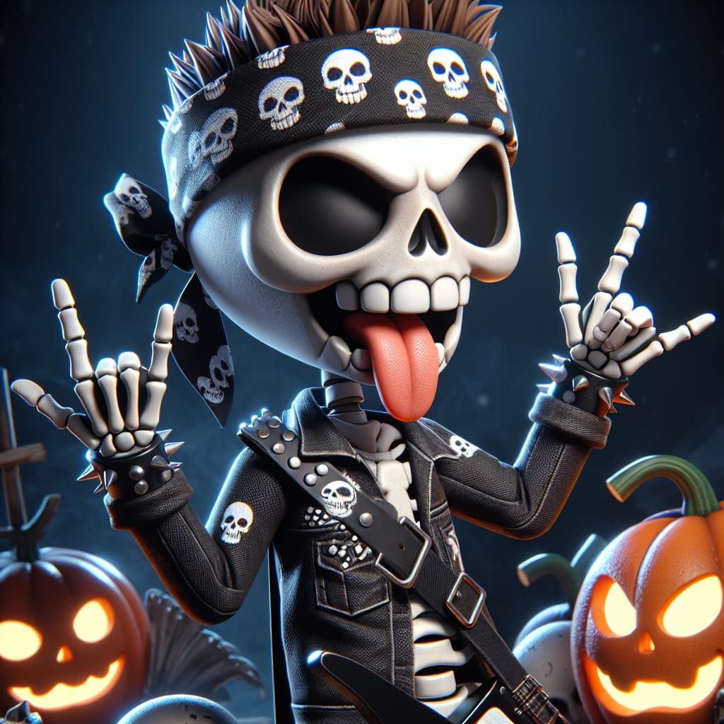 A skeleton character dressed in punk rock attire, complete w...