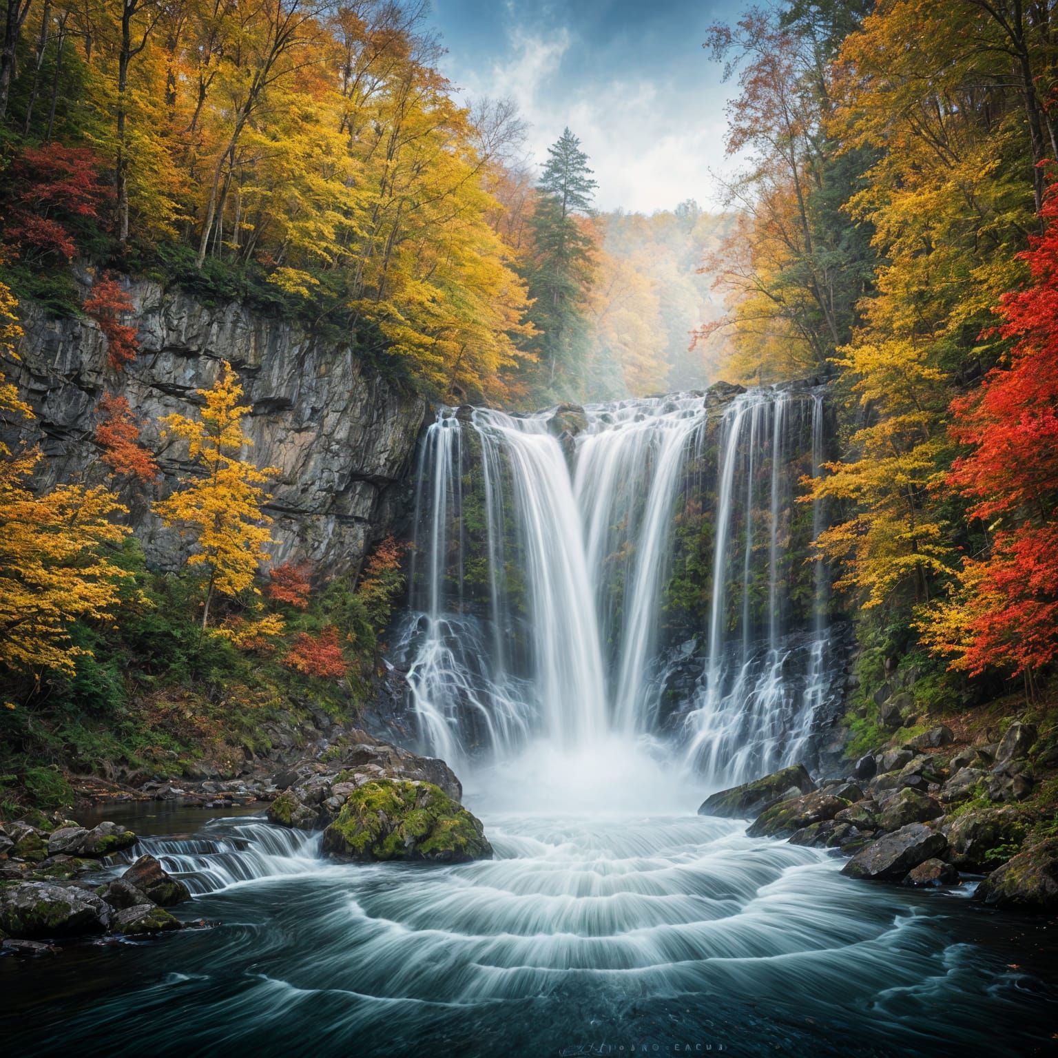 Majestic waterfall in autumn forest, masterpiece quality, 8K HDR, vibrant fall colors, golden and red ...  by @DreamSynth