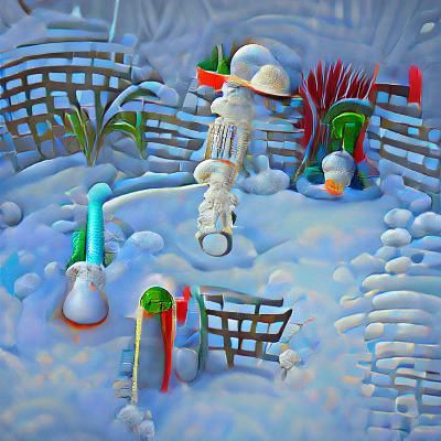Snow covered garden with icicles a snowman with a hat on and...
