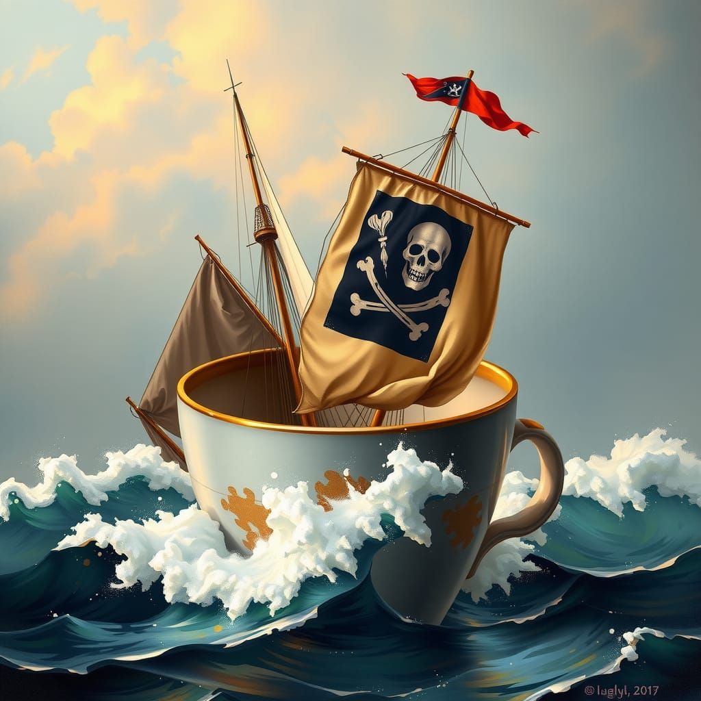 Sailing ship with black sails with Jolly Roger in a very rou...