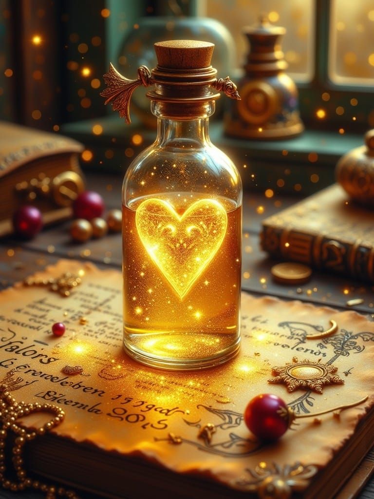 Radiant Elixir in Delicate Glass Vial, Ancient Alchemical Sy...