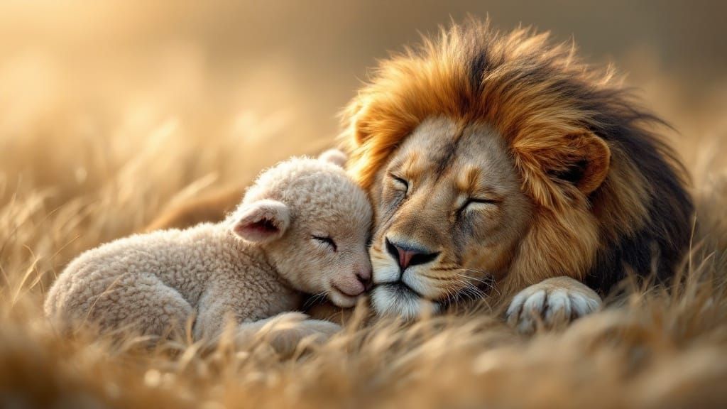 Lion and lamb sleeping together in the brush  by @Mann McManahan