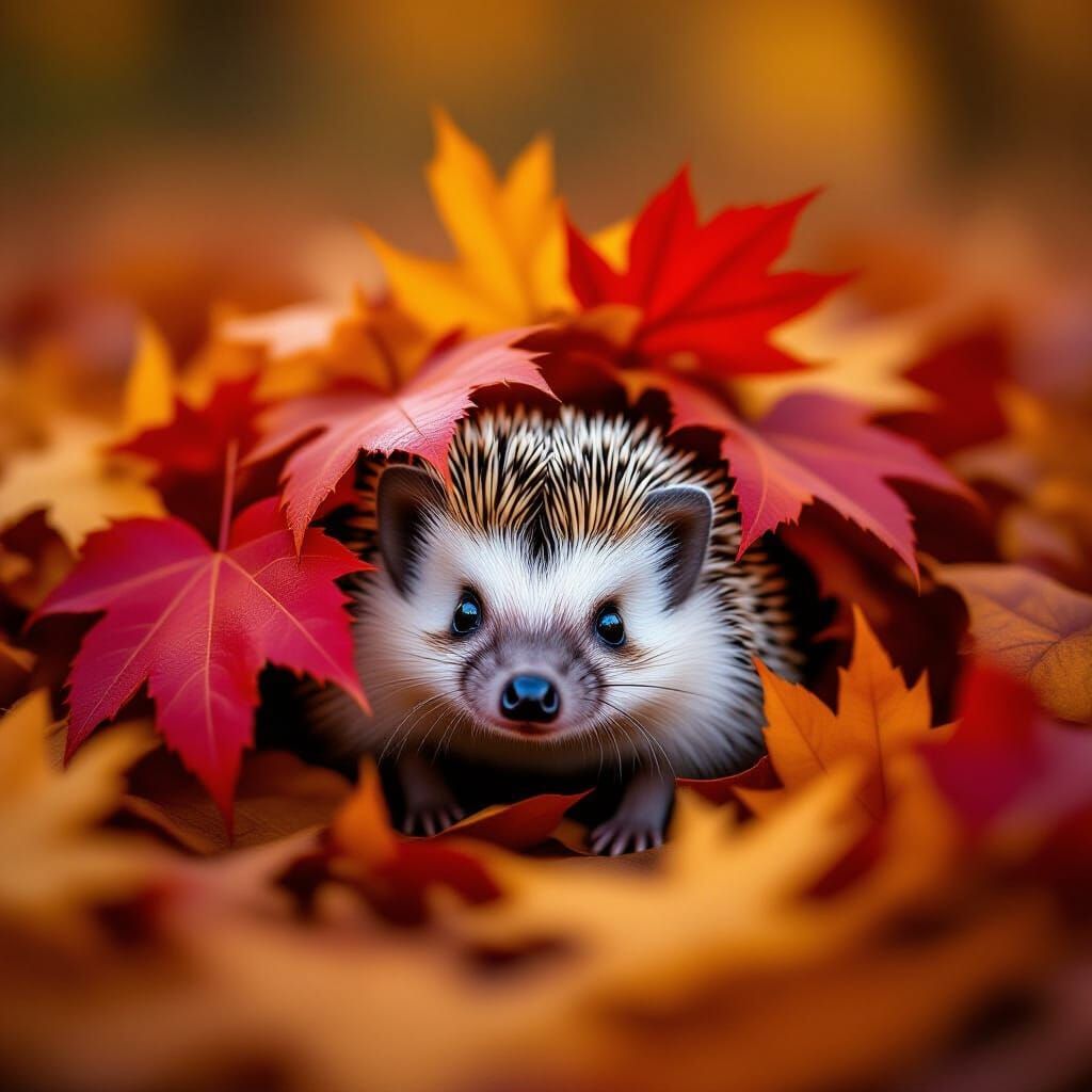 A tiny hedgehog peeking shyly from beneath a pile of deep red maple leaves, only its curious little nose ...  by @ErinBergum