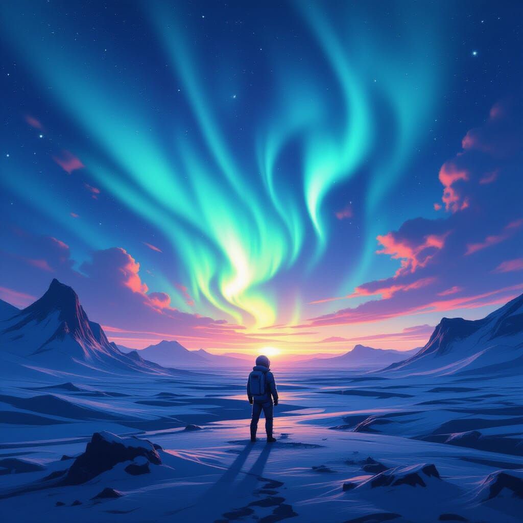 A lone astronaut stands on a desolate, alien planet, gazing at a sky filled with impossible, vibrant aurora borealis. The landscape is sculp...