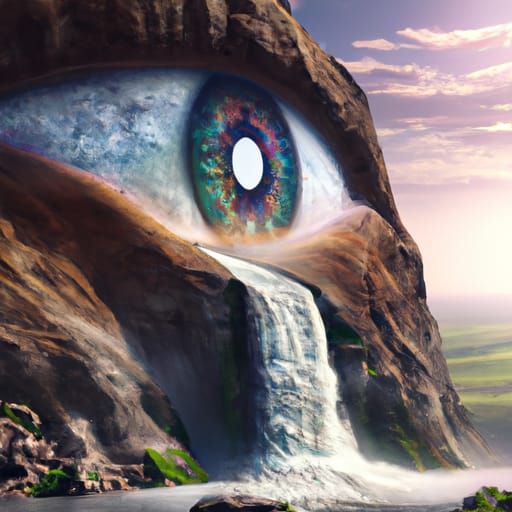 Surrealistic Mountain with Eye Crying a Waterfall  by @David Myers