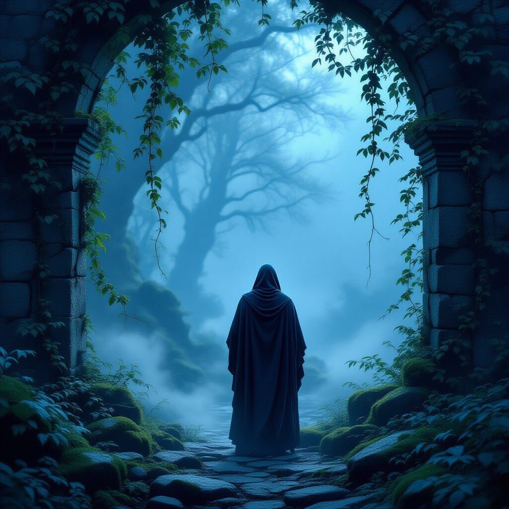 Figure in Misty Forest at Twilight