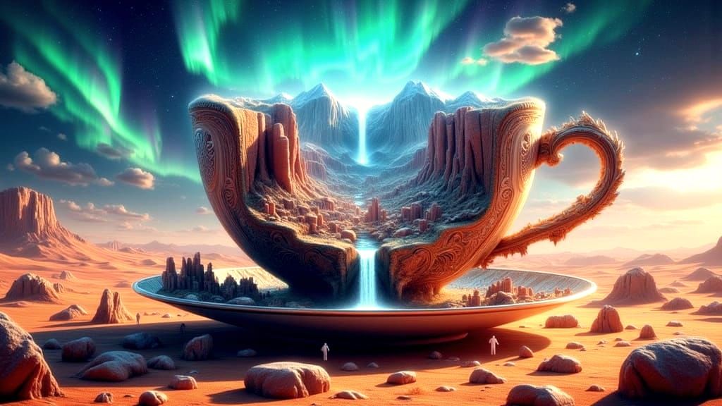  A colossal teacup, easily the size of a mountain range, rests in a vast desert ...  by @The Carlyle