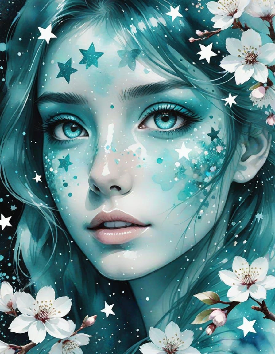Sparkling Turquoise Eyes with Stars and Cherry Blossoms  by @AmadaTakako773