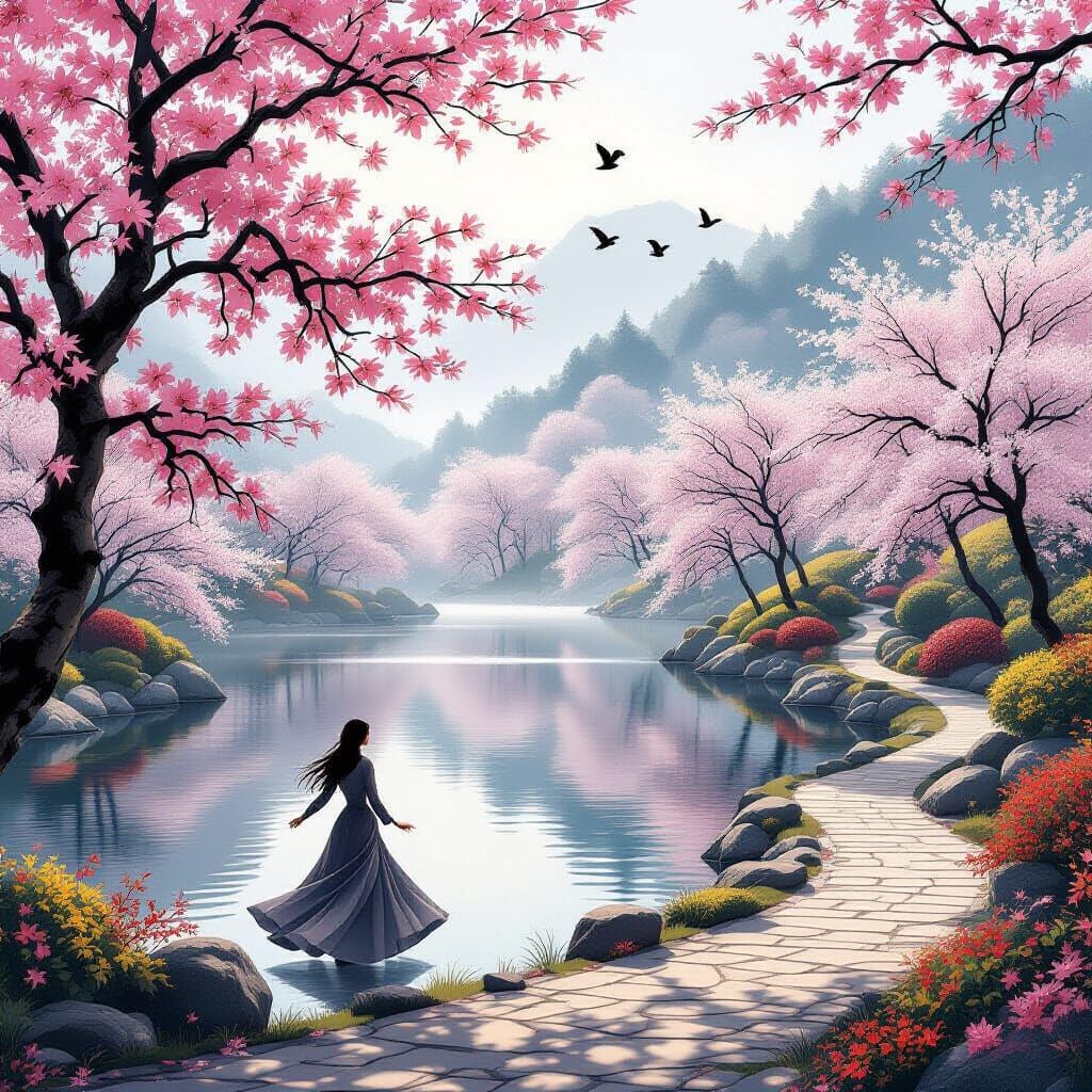 Serene Spring Landscape with Dancing Woman Silhouette