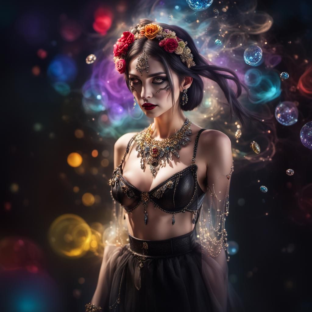 a gothic lady with jewellery,transparent bra ,full body phot...