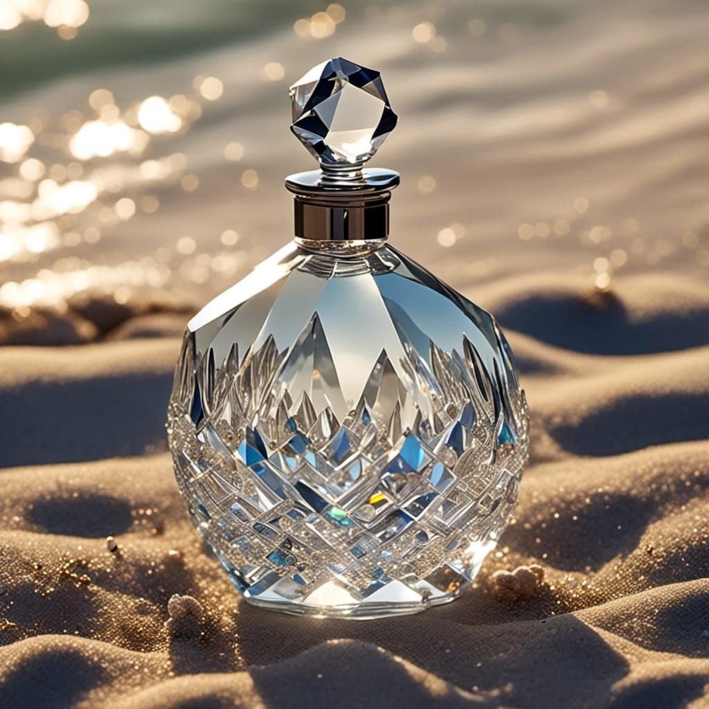 Stunning cut crystal <lora:Cut Crystal:1.0> ship in a bottle, sharply faceted, on the beach