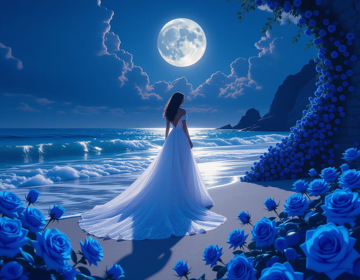 Moonlit beach scene with woman in white gown  by @A handsome lad
