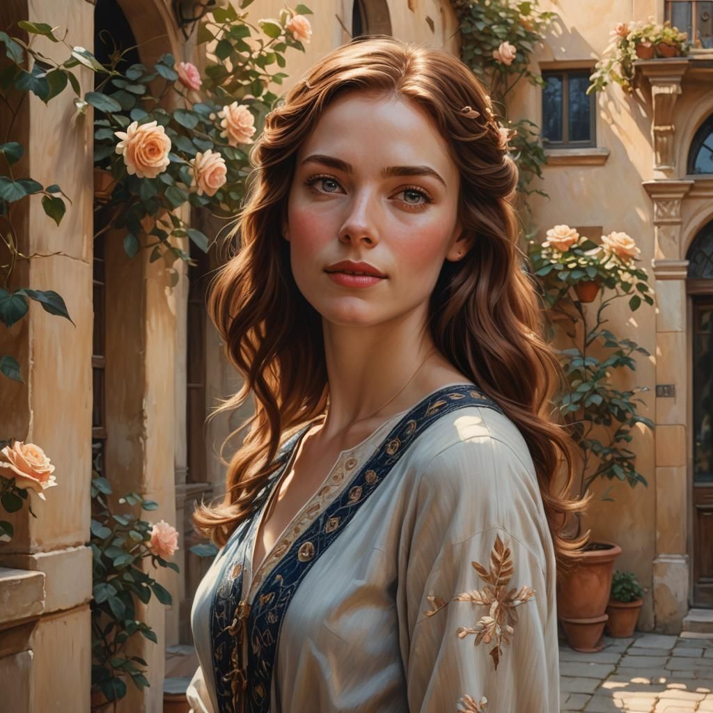 Woman in Sunny Courtyard: Detailed Figurative Realism