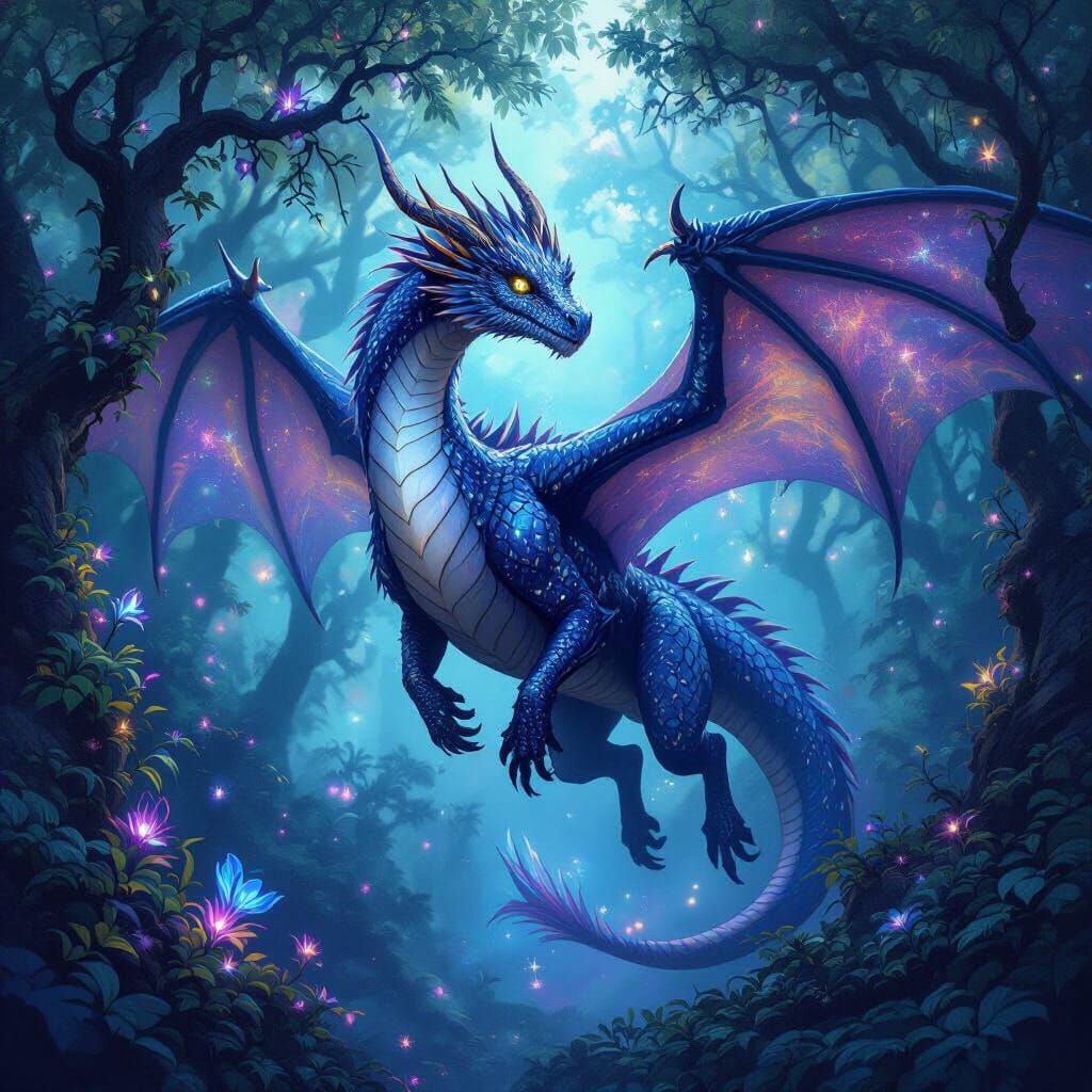 A majestic dragon with scales that shimmer like nebulae, soaring through an ancient forest where bioluminescent flora pulses with soft light...
