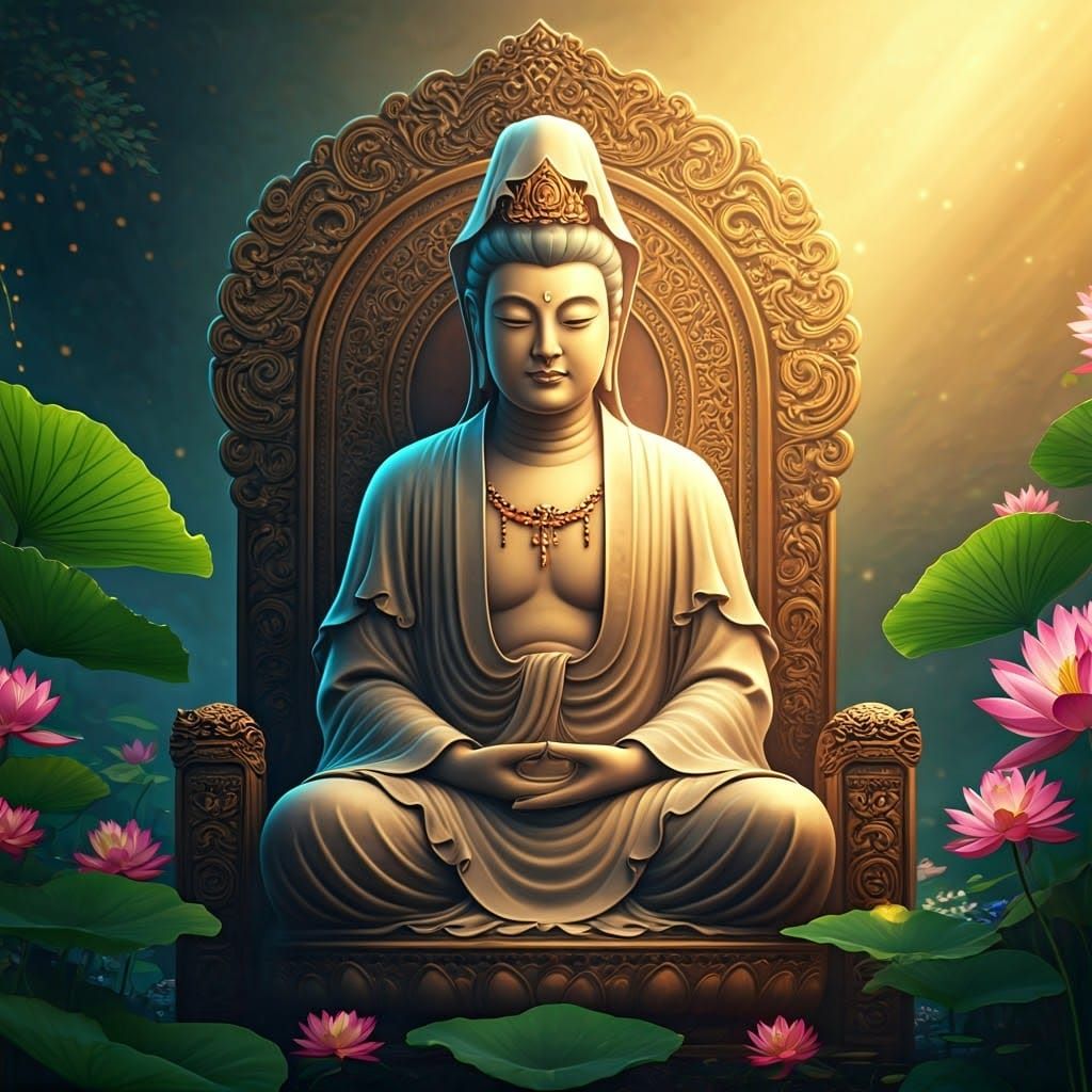 Elegant Bodhisattva on Ornate Throne in Splash Art