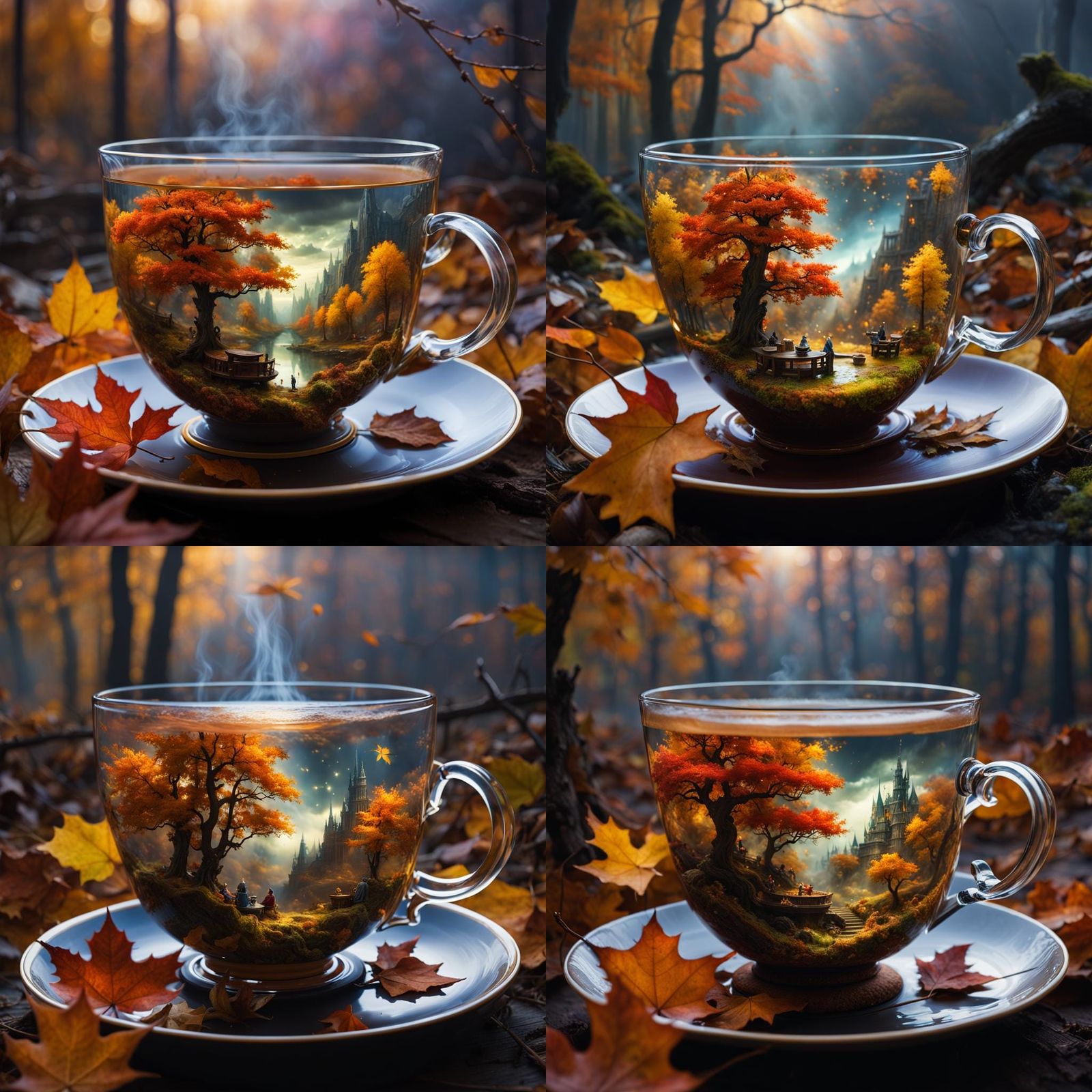 Miniature Fantasy world in a tea cup, autumn, detailed_fantasy_background, hyperdetailed; by Kim Keever Antoine Colligno...