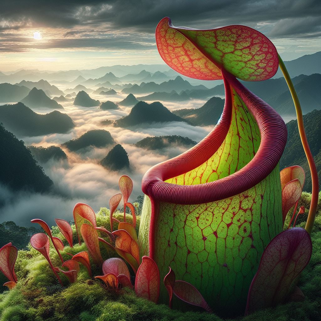 A rare tropical Nepenthes plant stands amid lush foliage