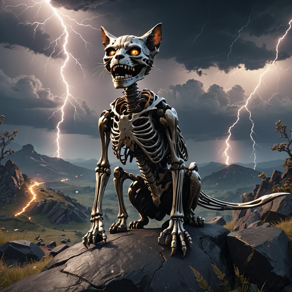 Skeleton Cat Gazing at Lightning: 3D Game Art