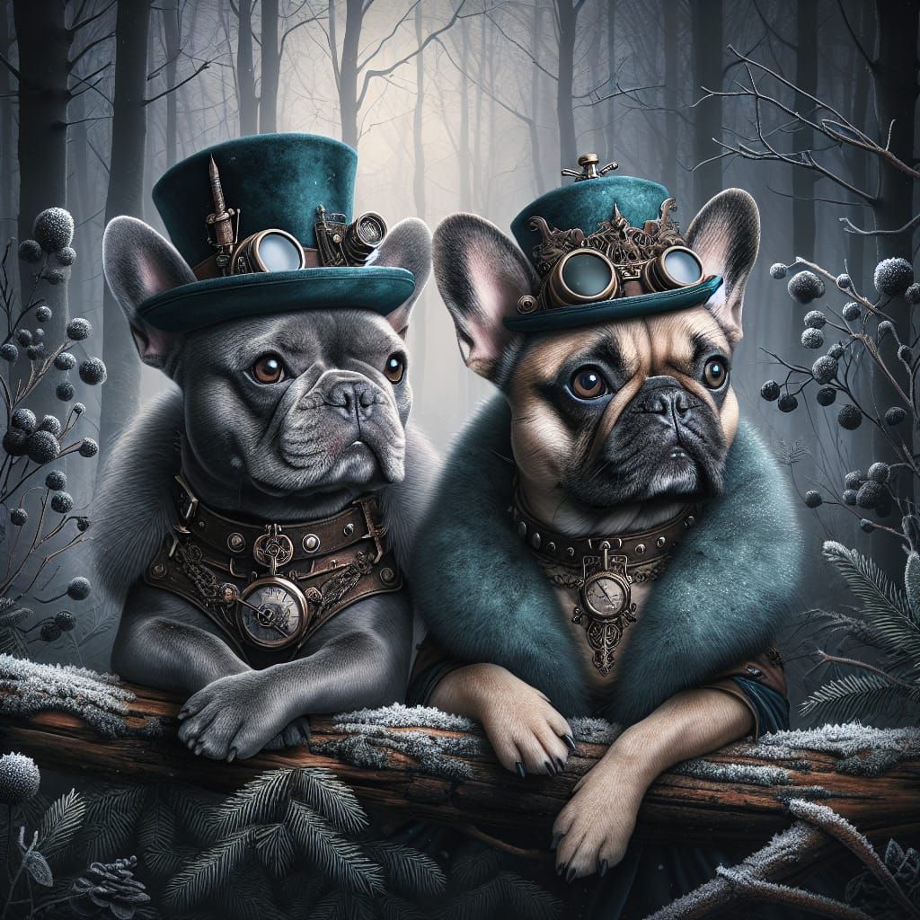 two French bulldogs wearing top hats and coats with fur  by @Dorian