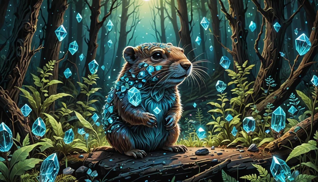 gopher, spirit animal, crystals, forest scene, hyper-detaile...