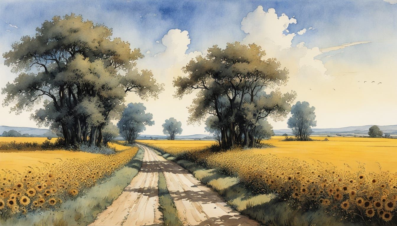 Golden Wheat Fields at Dusk: Watercolor Painting