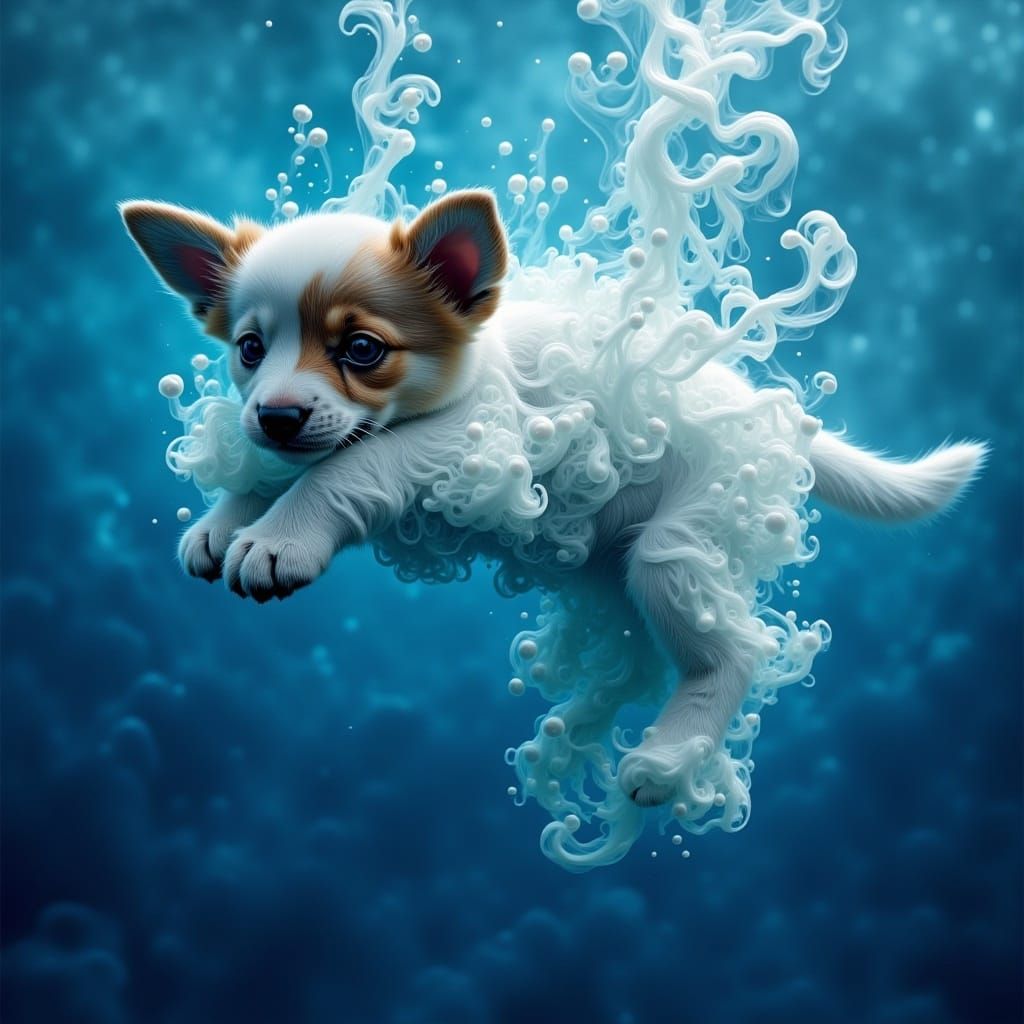 <lora:SDA Masterpiece v2:1.0> Smoke lora, Wide-angle, oil painting, A dog puppy diving in blue water, nadir shot --ar 1:1 --style raw --v 6...