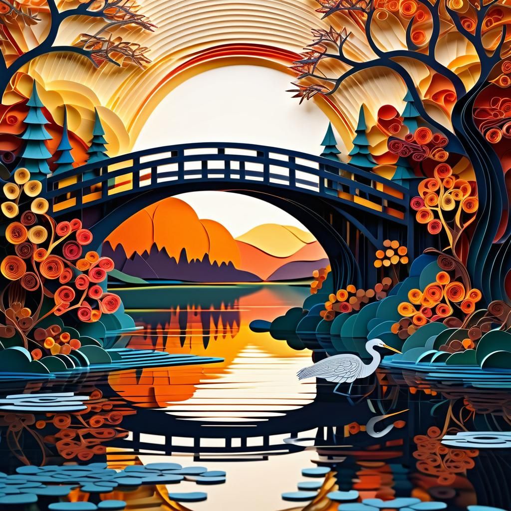 Quilled paper with a Bridge over a lake with a heron. Autumn trees hanging over the lake at a glowing ...  by @Dorian