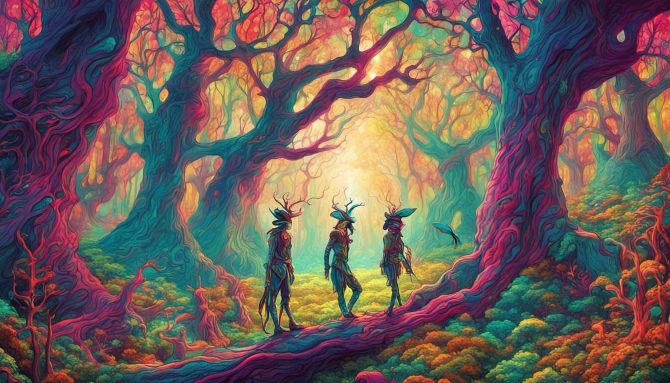 wood elves having psychedelic daydreams in a psychedelic fan...
