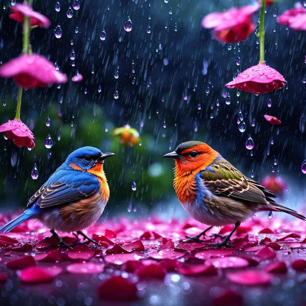 Rain falling on the little birds hiding under the flower pet...