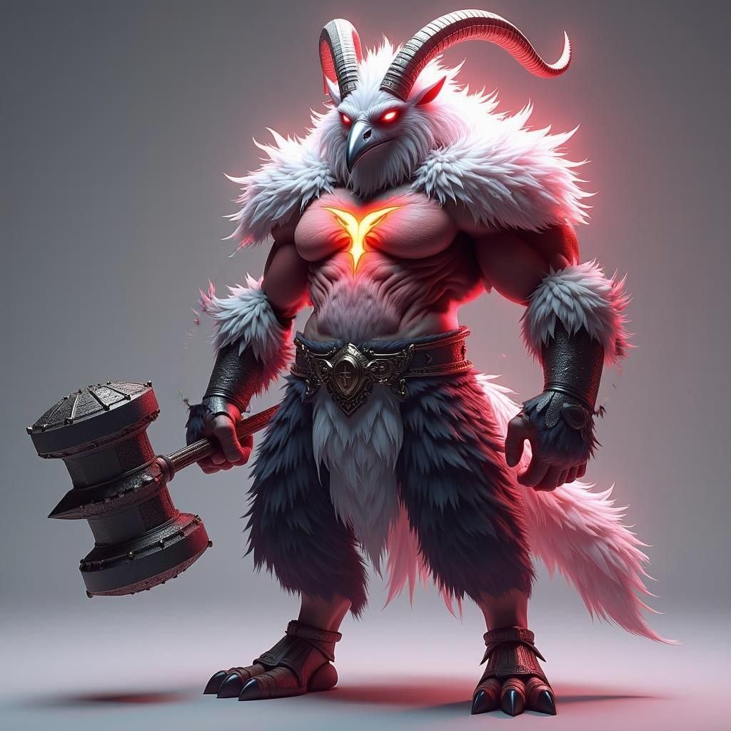 A red pink white glowing 2.40m tall and muscular goat-crow-human warrior with a huge two handed Warhammer in one hand. Human facial features...
