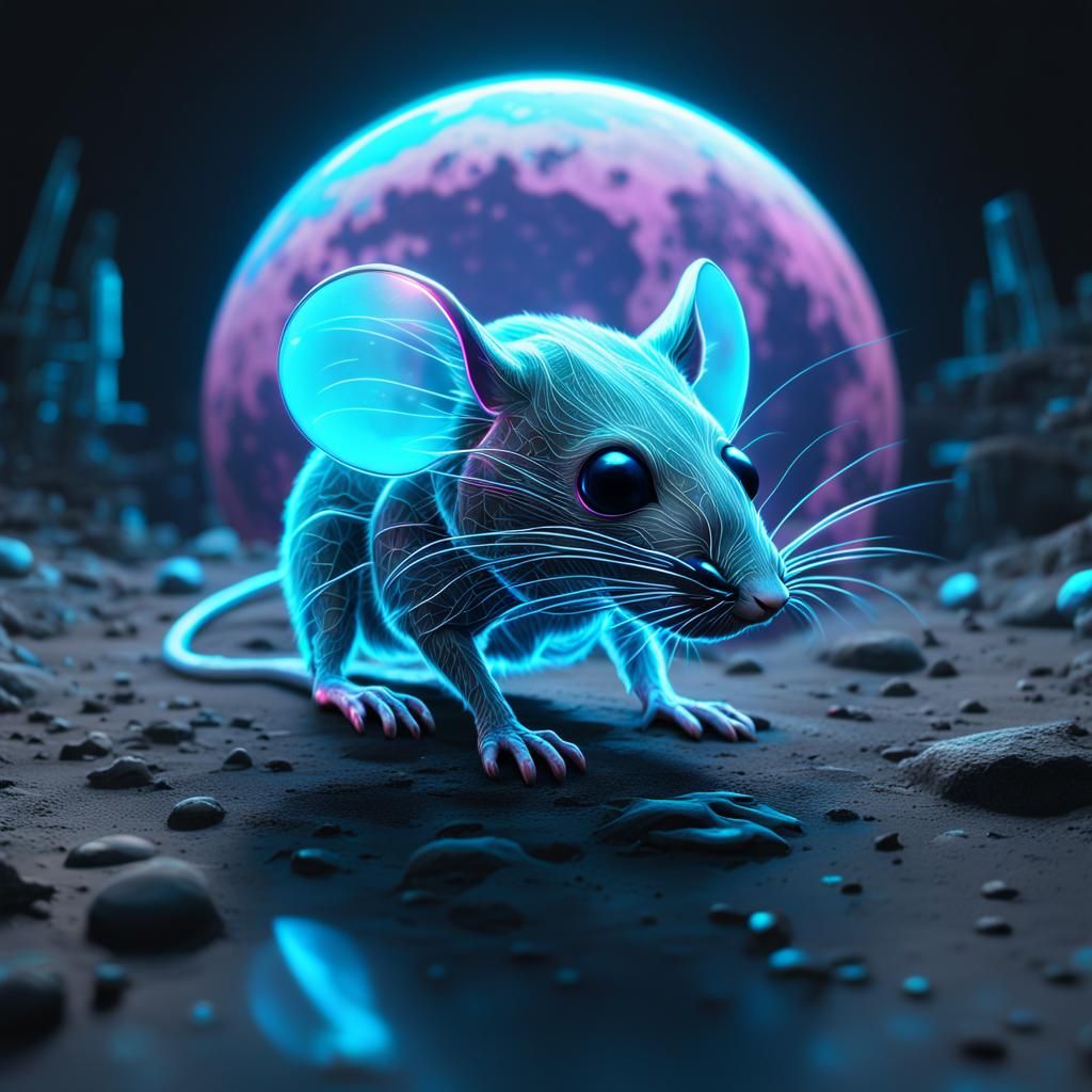 Hologram of translucent neon mouse on translucent moon surfa...