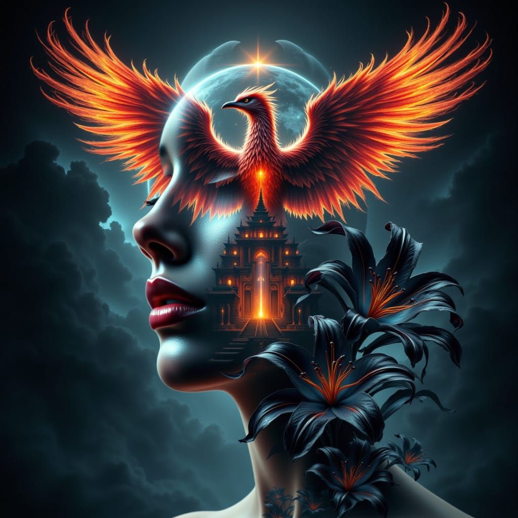 <lora:Triple Layer Effect:1.0> a triple layer portrait of a temple, a phoenix, black lilies, each image overlapping the other, stunning deta...