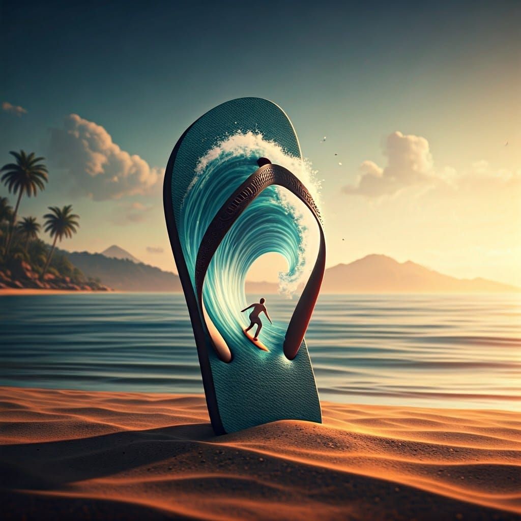 Surreal Beach Scene with Surfer and Distant Landscape in Vib...